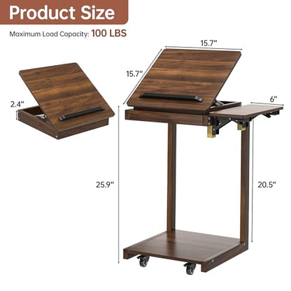 OtterOasis C Shaped End Table for Couch Rolling Side with Wheels Walnut | Wood, Desk Tv Tables, with Folding Desktop, Lockable Wheel, with Hidden Storage, for Living Room, Bedroom - color: Walnut
