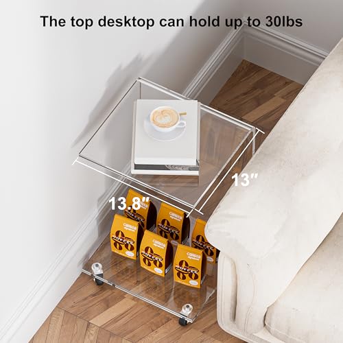 C-Shape Acrylic Side Table with Wheels,13.8" L x 13" W x 22" H x 1/2" Thick Clear End Table,Transparent Nightstand with Waterfall Edges,Modern Lucite Side Table for Living Room - size: 13.8" L x 13" W x 22" H