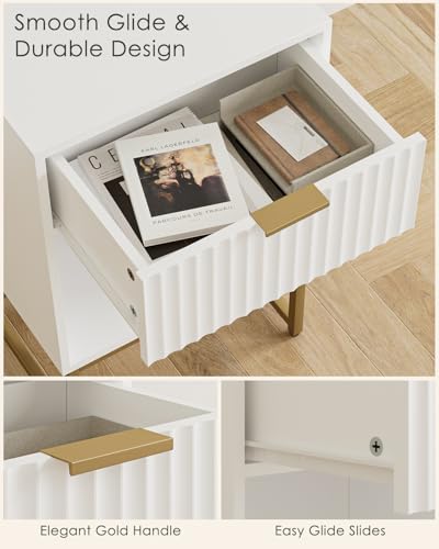 Masupu White Nightstand, Fluted Night Stand, Wood Bedside Table with Storage Drawer, Modern Side End Table for Bedroom, White - color: Flutted-white