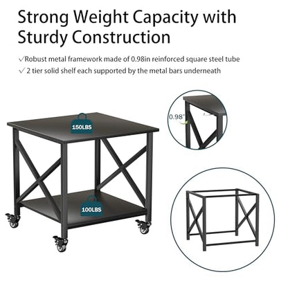 Printer Stand, 23.6 x 23.6 Inches Large Printer Stand with Storage Shelf, 2 Tier Printer Table for Home Office, Rolling Printer Cart with Industrial Wheels, Mini Fridge Stand Table, Black - color: Black