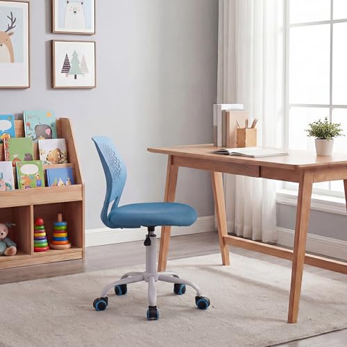 Costzon Kids Desk Chair, Armless Height Adjustable Kids Computer Chair w/Elastic Sponge Filling, Ergonomic Backrest & Sturdy 5-Point Wheels, Children Rolling Swivel Chair for Studyroom (Blue) - color: Blue
