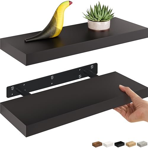 Ballucci Floating Shelves, 2-Pack 16" Wood Wall Shelf Set with Invisible Brackets for Bathroom, Living Room, Bedroom, Kitchen, Nursery, 6" Deep, Black - color: Black, size: 15.8 in (1.5)