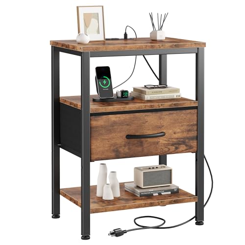 DUMOS Bedside Table with Charging Station and an Adjustable Fabric Drawer, and it is a Compact Nightstand, as Well as a 3-Tier Storage Organizer and an End Table for Bedroom, Brown - color: Brown, size: 15.7"D x 11.8"W x 23.29"H (1 Drawer)