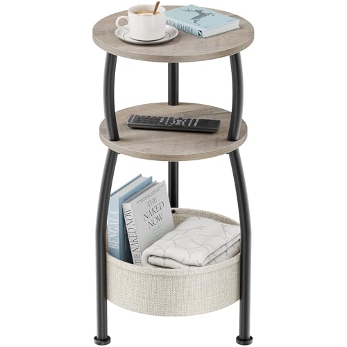 Round Side Table with Storage Basket –Small Space Saving End Table 3-Tier Coffee Table Bedside Corner Stand for Living Room, Bedroom, Garden and More 24in Tall Greige - color: Greige, size: 11.81" Dia