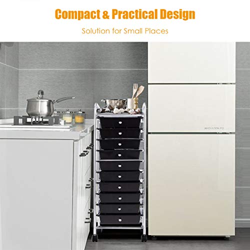 BETTARY Office Rolling Storage Cart with 10 Drawer, Scrapbook Paper Office School Organizer with Lockable Casters, Multipurpose Mobile Storage Cart for Supermarket, School, Office, Home (Black)
