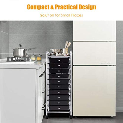 BETTARY Office Rolling Storage Cart with 10 Drawer, Scrapbook Paper Office School Organizer with Lockable Casters, Multipurpose Mobile Storage Cart for Supermarket, School, Office, Home (Black)