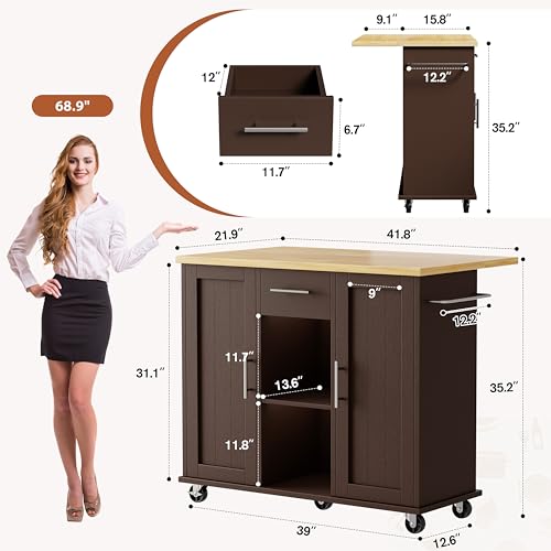 JY QAQA 42" Kitchen Island with Storage on Wheels, Rolling Table with Drop Leaf, Drawers, Cart Handle for Towel Rack or Free Movement, Brown - color: Brown