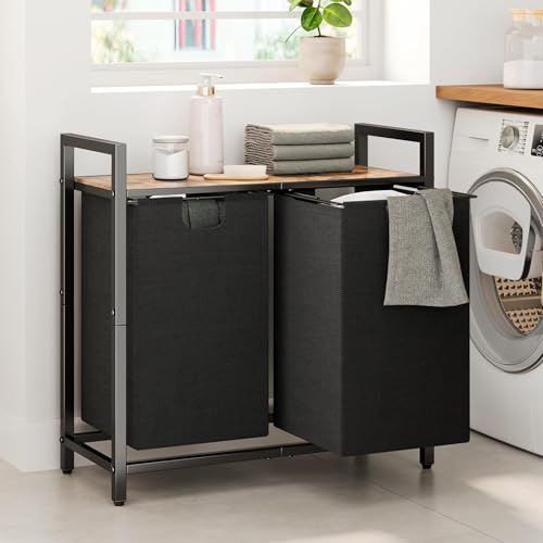 Kitstorack Laundry Basket Organizer, Laundry Hamper with Shelf & 2 Pull-Out Removable Bags, Dirty Clothes Hamper Organizer for Laundry Room Bathroom and Dorm, 2 x 11.8 gallons (44.5L) - color: Rustic Brown、Black, size: 2 Bags(28.4"L x 12.6"W x 27.6"H)