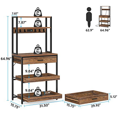 LITTLE TREE Kitchen Baker’s Rack with Power Outlets, Freestanding 5-Tier Microwave Stand with Drawers & Sliding Shelves, Coffee Bar with 6 Hooks for Dining Room Living Room, Rustic Brown - color: Rustic Brown