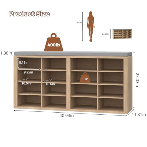 ITEFDTUTNE Shoe Rack Bench 40.94" Entryway Bench with Shoe Storage 16 Cubby Wood Shoe Organizer Bench with Removable Cushion for Hallway, Living Room, Bedroom and Garage - color: Natural Wood + Light Gray