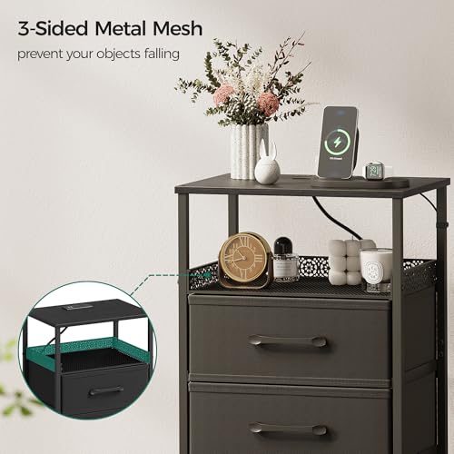 JARHETUN Nightstand Set of 2, Night Stands with Charging Station, 26.4 Inch Tall Bedside Table with Metal Shelf, Side Table with 2 Fabirc Drawers for Bedroom, Black - color: Black, style: Power