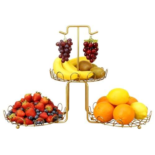 3-Tier Fruit Basket for Kitchen Counter, Metal Wire Fruit and Vegetable Storage Organizer with Bottom Slide-Out Tray, Space Saving Design for Pantry, Countertop (Gold) - color: Gold, size: 3-tier gold