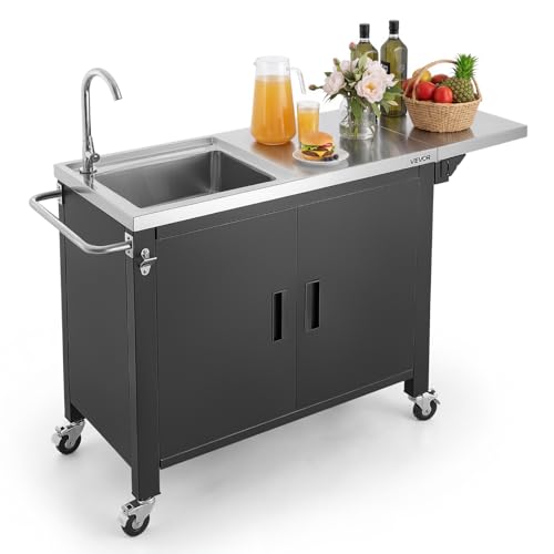 VEVOR Outdoor Grill Cart with Sink and Storage Cabinet, 52 Inch Grill Table, Waterproof Kitchen Island with Stainless Steel Top, Spice Rack, Wheel, Movable Food Prep Station for Patio Bar Backyard BBQ - color: 52 Inch, size: Includes sink