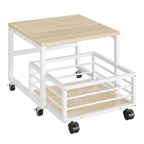HOOBRO End Table, Mini Fridge Stand with Storage, Mini Fridge Table with Wheels and Adjustable Feet, Sturdy Metal Frame, for Living Room, Bedroom, Office, White and Natural WN155TL01 - color: White + Natural