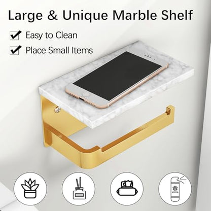 Gypie Toilet Paper Holder with Marble Shelf, Gold Wall Mounted | Toilet Roll Holder for Bathroom Washroom, Extended Base - color: Gold, size: Marble