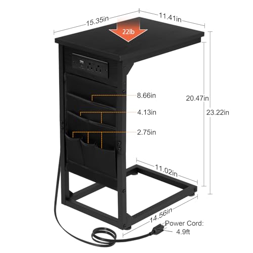 AMHANCIBLE C Shaped End Table with Charging Station, Couch Side Tables that Slide Under Sofa with Storage Bag, Slim TV Tray with USB Ports for Living Room, Bedroom, Black, HET04CBK - color: Black