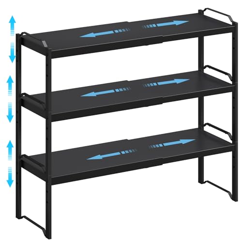 X-cosrack 25.5 Inches 3 Pack Expandable Cabinet Shelves, Stackable Shelf Organizer for Kitchen Cabinet Countertop Storage, Adjustable Counter Cupboard Pantry Organizer Shelf Rack Stand Riser, Black - color: Black, size: 3 Pack: 15.5"-25.5"L