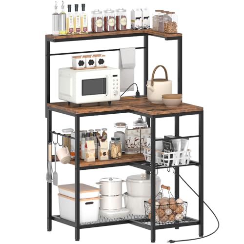 HOOBRO L-Shaped Bakers Rack with Power Outlet, 4-Tier Corner Microwave Stand with Storage, Coffee Bar Station with 8 Hooks, Kitchen Shelf Rack, 2 Installation Methods, Rustic Brown and Black BF20UHB01 - color: Rustic Brown + Black