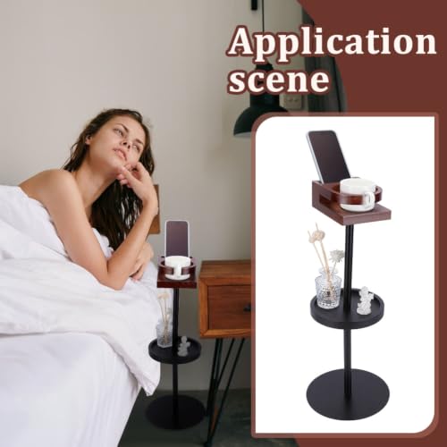 UNICRAFTALE Slim Side Table with Brown Round Top Black Multi Tier Drink Table for Small Spaces Accent Tables for Living Room Sofa Bedside 8.58x5.04x21.97 Inch