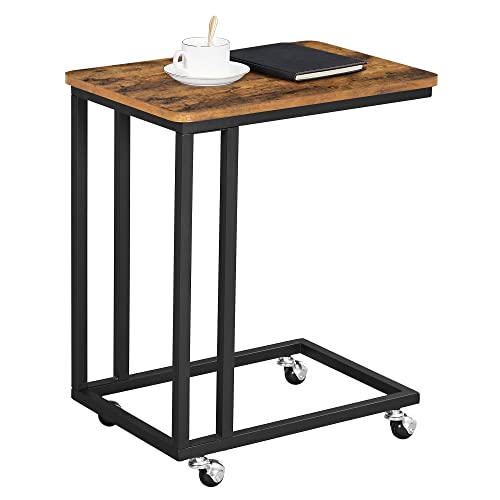 VASAGLE End Table, C Shaped TV Tray with Metal Frame Rolling Casters, Industrial Side Table for Living Room Bedroom, 19.7 x 13.8 x 23.6 Inches, Rustic Brown and Black - color: Rustic Brown + Black, size: 19.7"W x 21.7"H, style: With Wheels