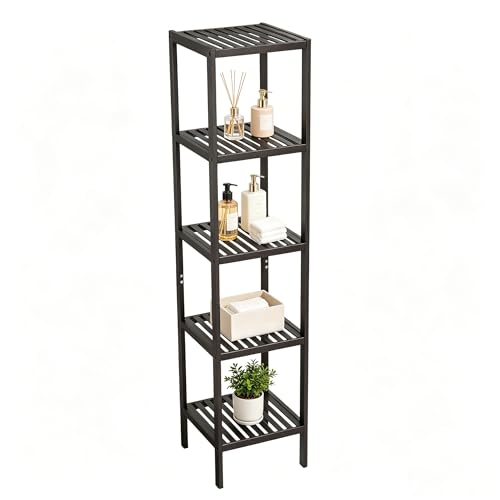 IDEALHOUSE Bamboo Storage Shelf, 5-Tier Freestanding Organizer, Narrow Corner Shelving Unit for Entryway, Bathroom, Living Room, Balcony, Kitchen, Natural Bamboo, 13 x 13 x 38.6 Inches, Brown - color: 5 Tier-brown