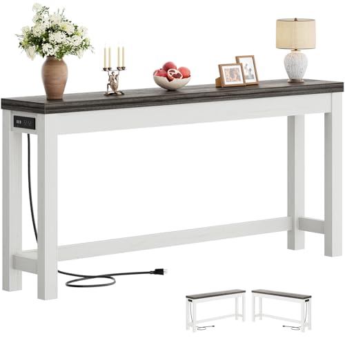 Cyclysio 63" Console Tables for Entryway, Long Console Tables for Living Room, Behind Couch Table, Sturdy Wood Support Farmhouse Entryway Table with 3AC+2USB Charging‌ Station, Oak Grey - color: Oak Grey, size: 63 inch