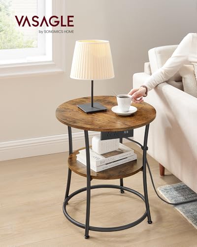 VASAGLE 21.7-Inch Round Side Table, 2-Tier End Table with Power Outlets, Nightstand with Steel Frame, Spacious Top, for Small Spaces, Living Room, Bedroom, Rustic Brown and Ink Black ULET077K01 - color: Rustic Brown + Ink Black, style: With Power Strip
