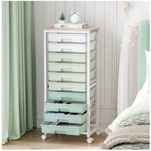 SYKIARIOL Rolling Cart with Drawers,10 Drawer Rolling Cart,Storage Cart,Utility Cart,Teacher Cart for Classroom Storage,Craft Cart with Wheels and Wooden Tabletop,Green - color: Green