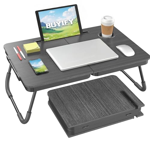BUYIFY 23.4" Foldable Lap Desk Bed Table with Cup Holder Portable Tray | Folds Flat for Easy Storage, No Assembly Laptop Bed Desk, Sturdy and Lightweight, Patent Design,Carbon Black - color: Black