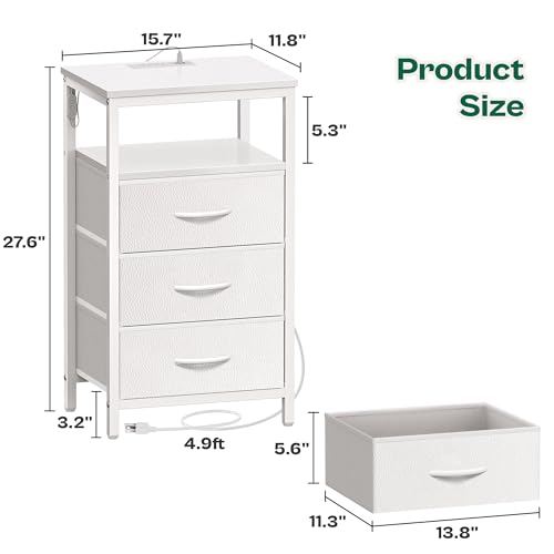 Huuger Night Stand with Charger Station and LED Lights, 3 Drawer Nightstand, Bed Side Table with Open Shelf, End Table, Tall Fabric Dresser for Bedroom, PU Leather, White - color: White, size: 11.8"D x 15.7"W x 27.6"H（3 Drawers）