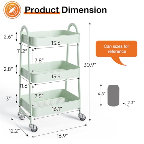 3-Tier Metal Rolling Utility Cart, Small Rolling Cart Kitchen Trolley Bathroom Laundry Room Bar Office Shelves Storage Organizer Shelving Unit with Caster Wheels for Narrow Places, Green - color: Green