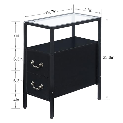 VECELO End Tables, 24" Height Narrow Nightstands, Modern Tall Night Stand with Drawers and Shelf for Living Room, Bedroom,Tempered Glass - color: Classic Black, size: Set of 1