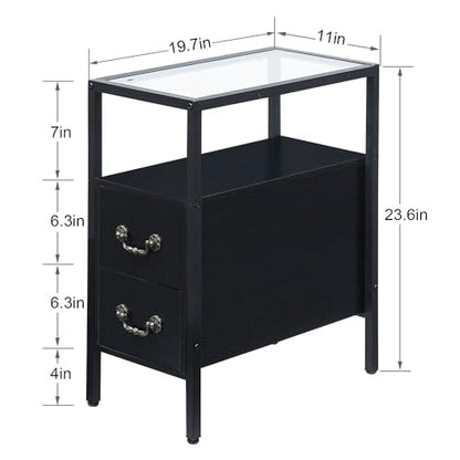 VECELO End Tables, 24" Height Narrow Nightstands, Modern Tall Night Stand with Drawers and Shelf for Living Room, Bedroom,Tempered Glass - color: Classic Black, size: Set of 2
