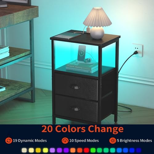 sthmec Nightstand with Charging Station, LED Night Stand Set 2, Bedside Table End Table Set of 2, Bedroom Table with 2 Fabric Drawers PU Finish, 3-Tier Storage Side Table for Bedroom,Black - color: Black