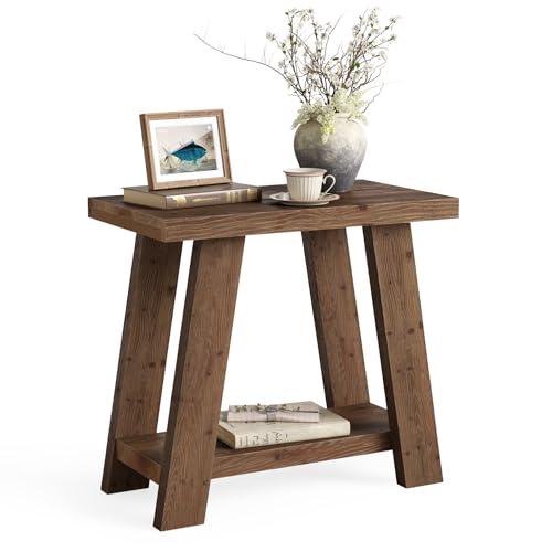 LITTLE TREE Solid Wood End Table, Small Side Table with 2-Tier Storage Shelf for Living Room, Rectangular Side Table for Couch, Bedside Table for Bedroom, Easy Assembly