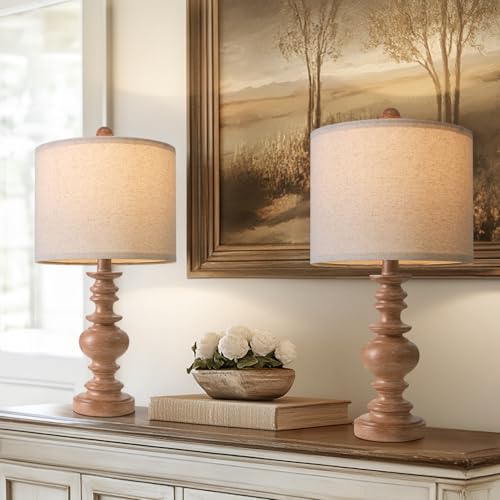 BOBOMOMO 20" Rustic Bedside Lamps Set of 2- Vintage Resin Table Lamps for Nightstands with Linen Shades, Farmhouse Lamps for Living Room, Bedroom, and Hallway (Light Brown) - Ideal for Compact Spaces - color: Light Brown, size: Small-20"