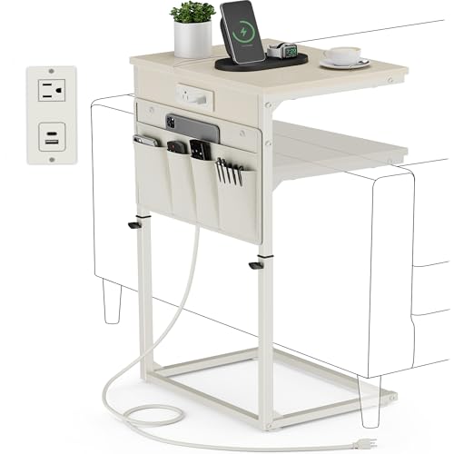 Vagusicc C-Shaped End Table with Charging Station, Small Side Table for Couch, 33" Tall C Table Adjustable Height Side Table, Couch Tables that Slide Under, Sofa Table TV Tray for Living Room, Cream - color: 1pc Cream White