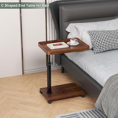 C Shaped Side Table with Wheels, Adjustable Height C Shaped End Table for Couch, 360°Swivel Side Tables that Slide Under, Rolling Small Coffee C Table End Table for Sofa/Bed/Bathtub (Brown)