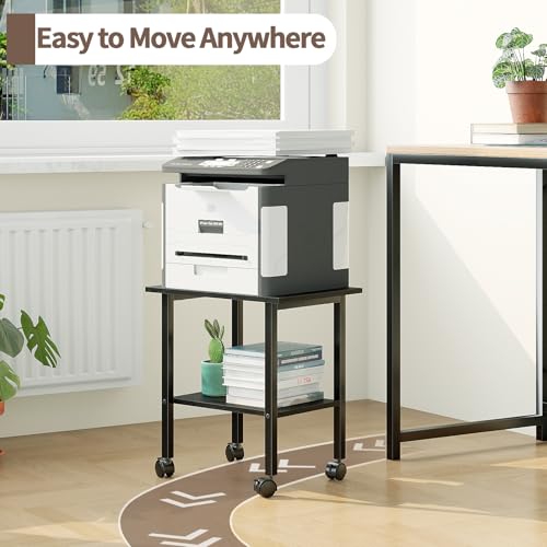 2 Tier Printer Stand with Storage, Under Desk Printer Table, Space-Saving Printer Table with Locking Wheels, Rolling Printer Cart for Home Office, Black