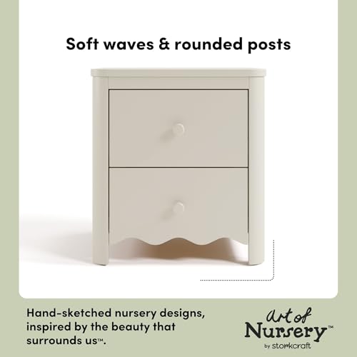 Storkcraft Casablanca 2 Drawer Nightstand, Frosted Oat | GREENGUARD Gold Certified, Storage for Kids Bedroom, Premium Wood Nightstand with Iconic Wave Detailing and Rounded Posts - color: Frosted Oat, style: Nightstand