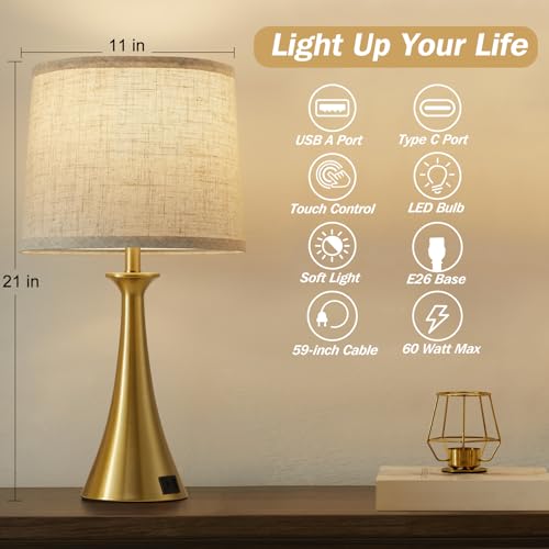 Touch Lamp for Living Room Bedroom, 21" Table Lamps Set of 2 with USB C+A Ports, Touch Bedside Lamps for Nightstand with 3 Way Dimmable, 2 LED Bulbs Included, Gold - color: Gold 2pcs