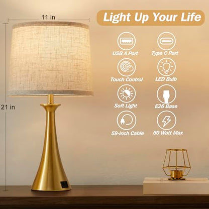 Touch Lamp for Living Room Bedroom, 21" Table Lamps Set of 2 with USB C+A Ports, Touch Bedside Lamps for Nightstand with 3 Way Dimmable, 2 LED Bulbs Included, Gold - color: Gold 2pcs