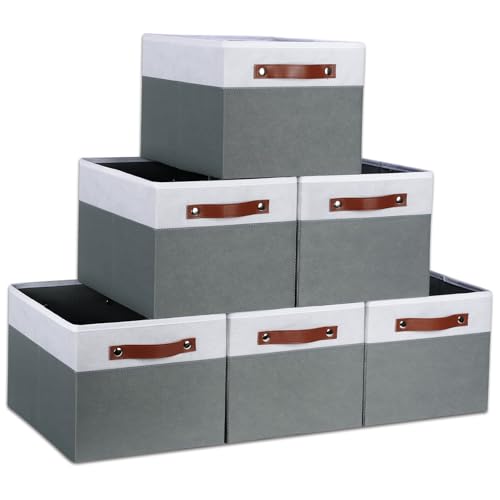 [6-Pack] Fabric Storage Bins (15x11x9.5 ) Reinforced 2.5mm Cardboard Shelf Bins with PU Leather Handles Durable Storage Baskets for Closet Organization, Toy Organizer, & Home Office White&Grey - color: White&Grey, size: 15(L) x 11(W) x 9.5(H)