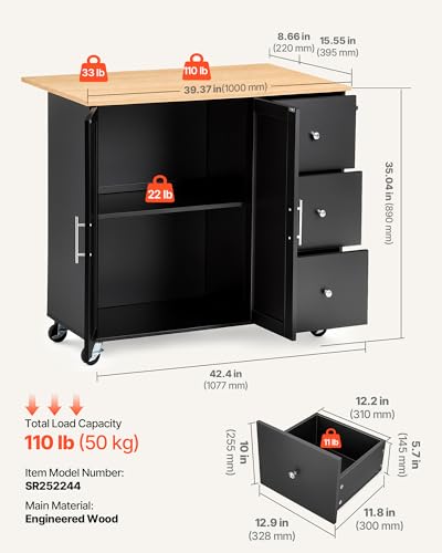 VEVOR Kitchen Island Cart with Storage, 42.4 in Wide Mobile Rolling Storage Island on Swivel Wheels, with 3 Drawers, Storage Cabinet, Drop Leaf, Towel Rack, Table for Home Dining Room, Black - size: 42.4" W (dropleaf)