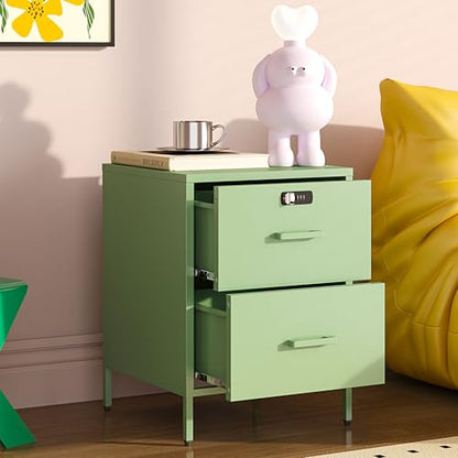 Steehoom Metal Nightstand with Lock, 2 Drawer End Side Table, Lockable Storage Cabinet Kids Cabinet for Living Room, Bedroom, Dorm, 21.26”H X 15.75”W X 15.75”D (2 Drawer, Green) - color: Green, style: 2 Drawer
