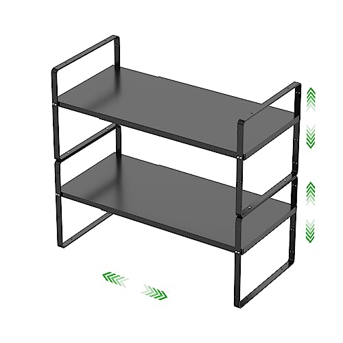 Expandable Cabinet Storage Shelf Stackable Organizer Rack for Kitchen Bathroom Pantry Spice Cupboard Countertop Home Office Desk Heavy Duty Nonslip Black Large 2 PACK - color: Smooth Black, size: Large - 10.2"D - 2 Pack