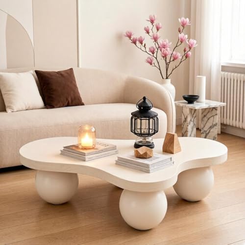 46" Cloud Coffee Table with 3 Ball Legs, Modern Irregular Center Table for Living Room, Low Cute Small MDF Tea Table for Bedroom, Space Apartment Cream White - color: Cloud-46"cream White