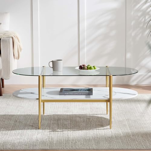 LumFurn Oval Coffee Table, Mid-Century Modern Design, L41 x W21 x H17 inch, for Living Room, Clear Glass Top, White Marble Finish Wood Shelf & Gold Finish Frame - color: Clear & White Marble, size: L41" Oval Coffee Table