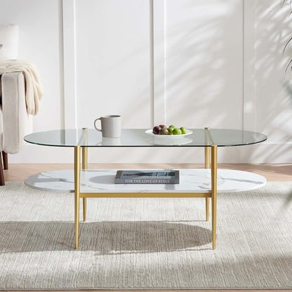 LumFurn Oval Coffee Table, Mid-Century Modern Design, L41 x W21 x H17 inch, for Living Room, Clear Glass Top, White Marble Finish Wood Shelf & Gold Finish Frame - color: Clear & White Marble, size: L41" Oval Coffee Table