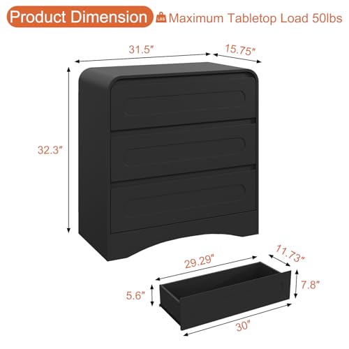 32" Large Night stand, 3 Drawer Nightstand with Spacious Drawers | Pre-Installed Slides, Wood Bedside Table, Modern End Table, Curved Nightstand for Bedroom Sofa Couch Office, Black - color: Black, size: 3 Drawer